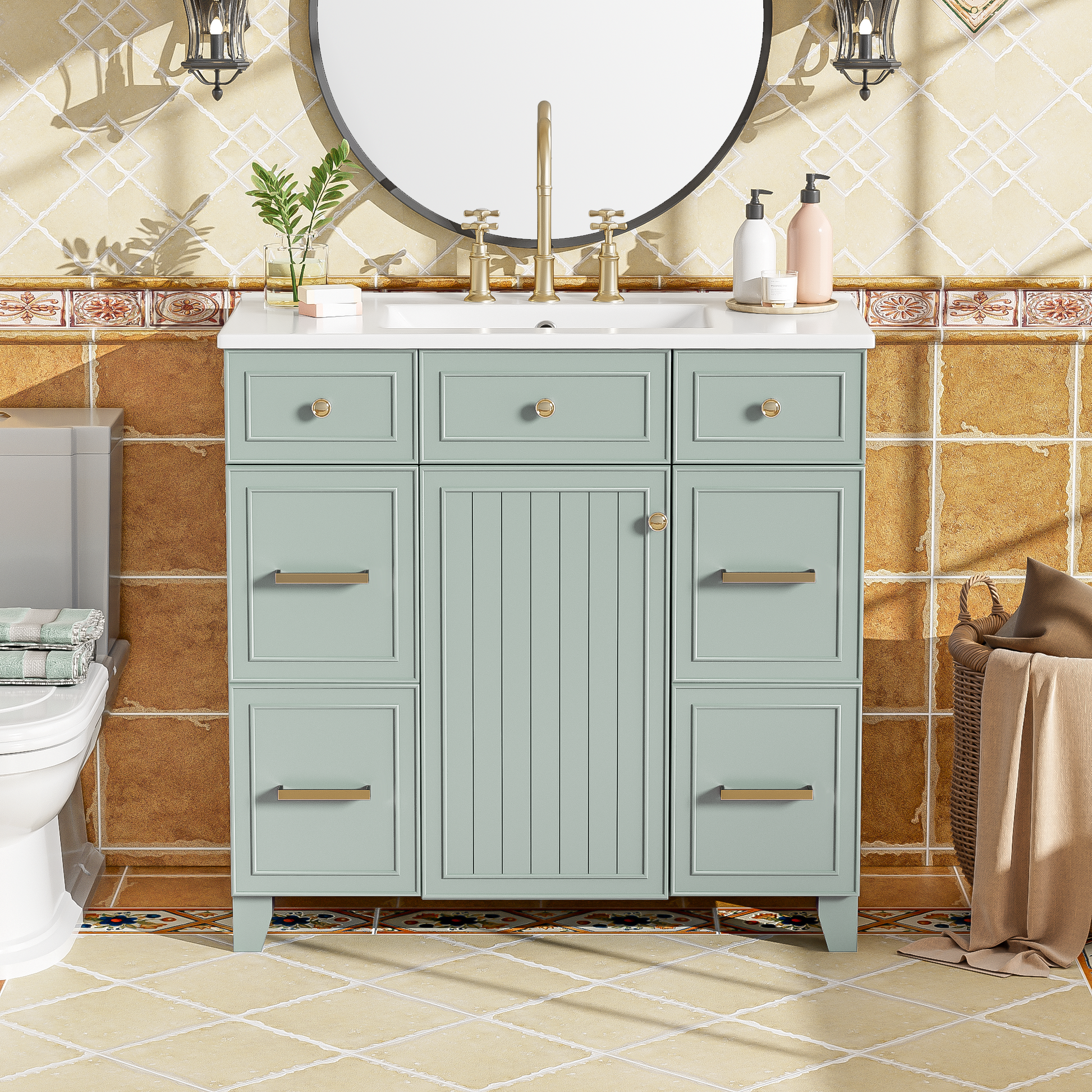 36" Bathroom Vanity With Ceramic Sink, Green, Solid Wood Frame, Soft Close Doors, Adjustable Shelves, 3 Drawers ,Including Double Depth Drawer For Hairdryer Storage Old Sku:Sv000003Aag 1 Green