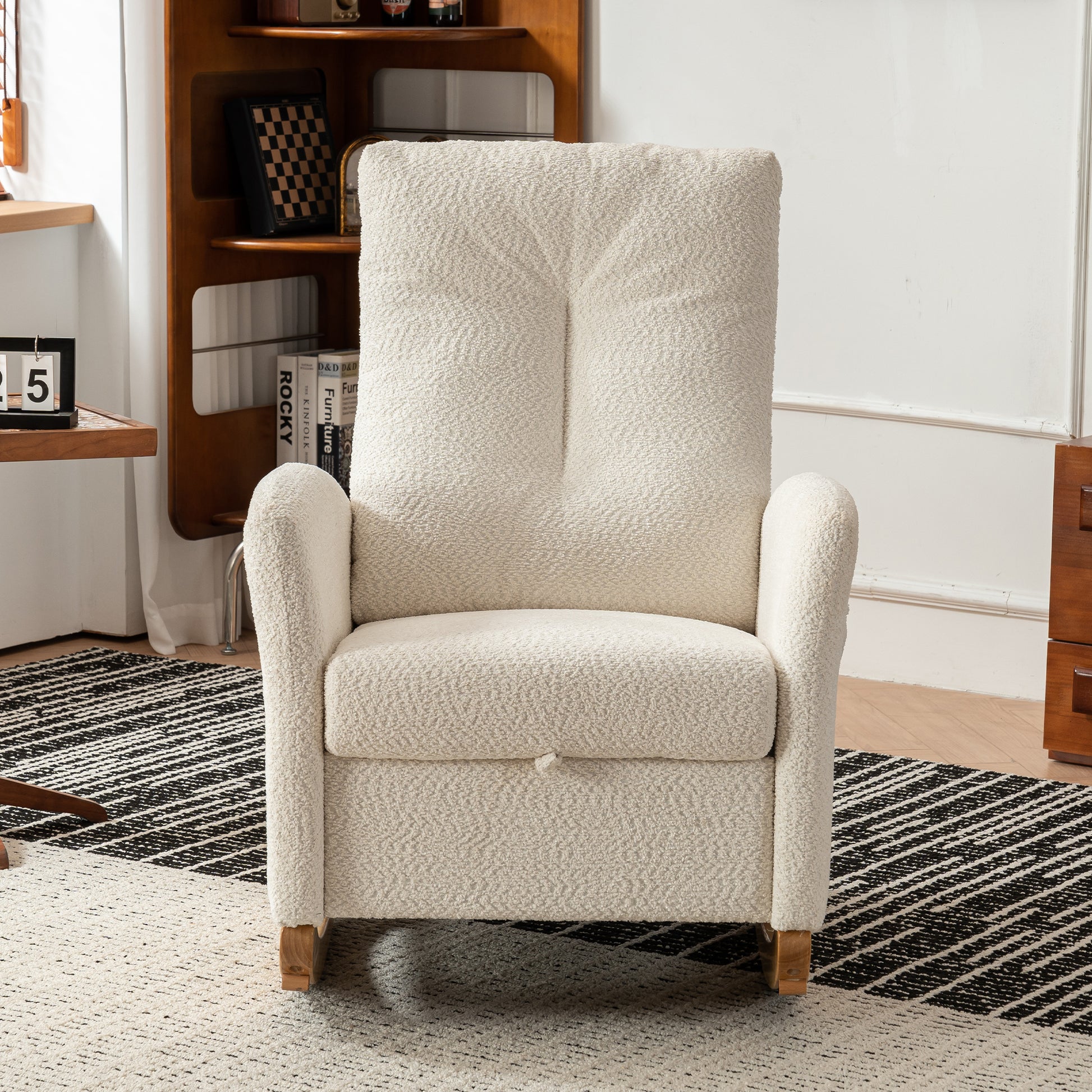 Accent Rocking Chair With Footrest High Back Rubber Wood Rocking Legs Bedroom Living Space Beige Wood