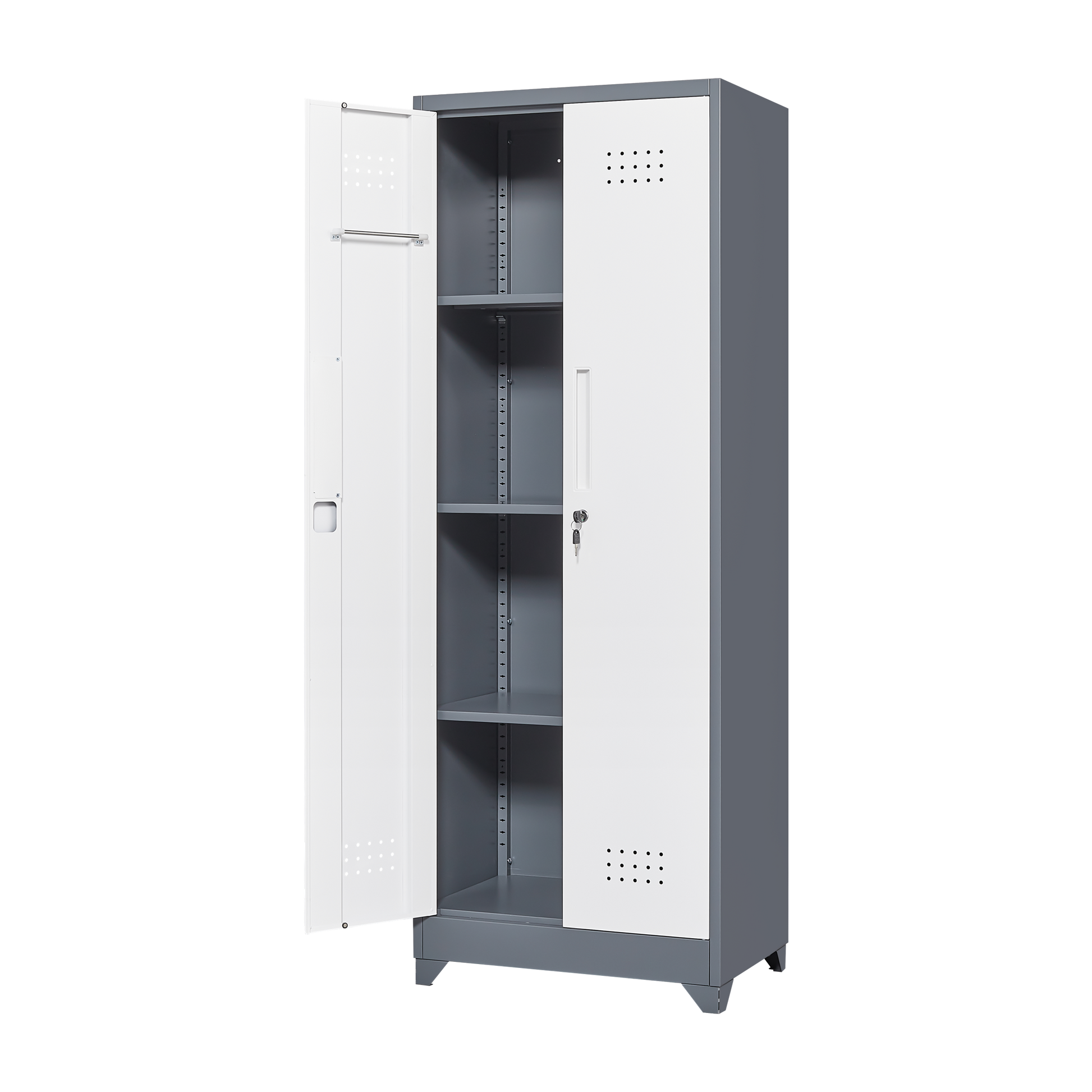 Metal Storage Cabinets, Cleaning Tool Cabinet With Locking Door, Tall Broom Tool Organizer And Storage, Large Storage Cabinet For Kitchen, Pantry, Office, Shop 3 4 Shelves Grey White Door Locks Modern Metal