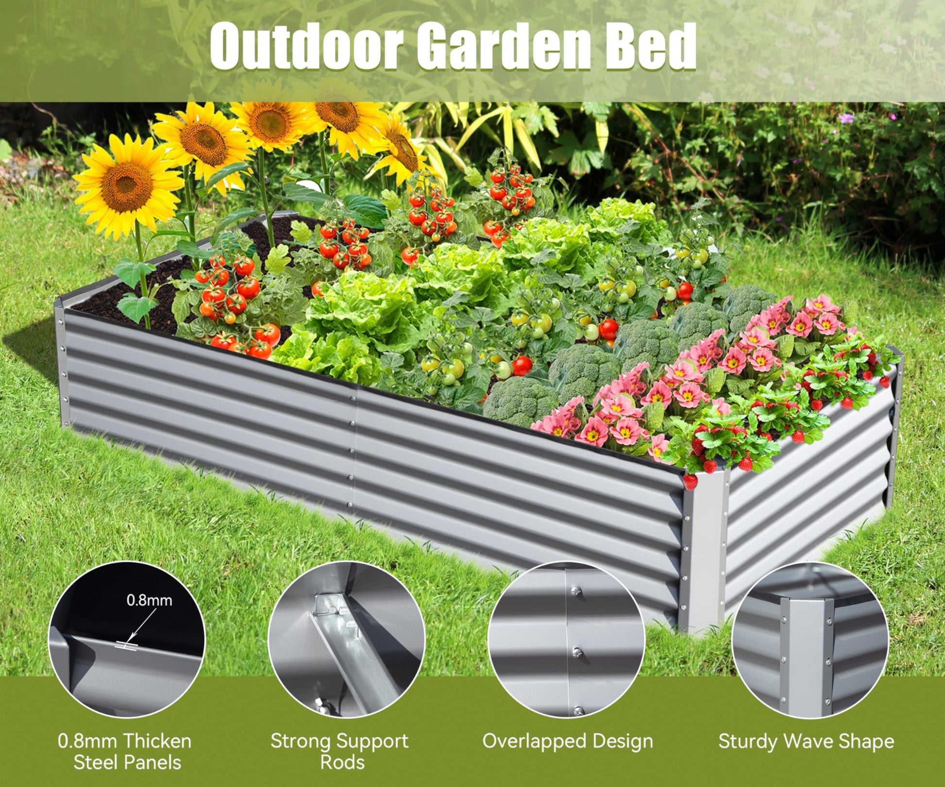 8X4X1.5 Ft Galvanized Raised Garden Bed, Outdoor Planter Garden Boxes Large Metal Planter Box For Gardening Vegetables Fruits Flowers, Silver Silver Garden & Outdoor Steel