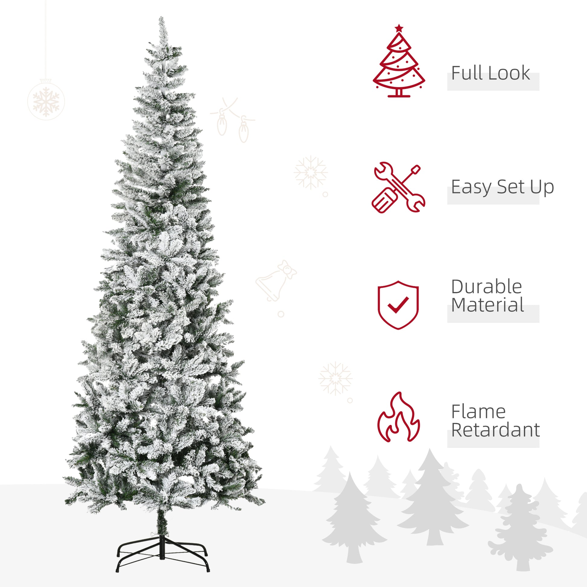 Homcom 9Ft Unlit Snow Flocked Slim Pine Artificial Christmas Tree With Realistic Branches And 1084 Tips Green Plastic