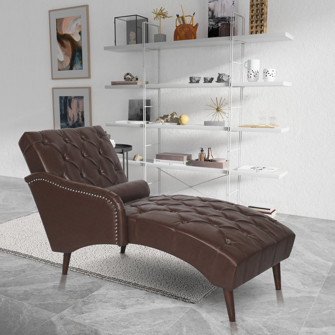 Chaise Lounge Arm Chair Indoor With Pillow And Solid Wood Legs, Leisure Accent Soft Chair With Tufted Back And Arm,Upholstered Chaise Couch Chair For Living Room, Bedroom,Dark Brown Pu Dark Brown Pu