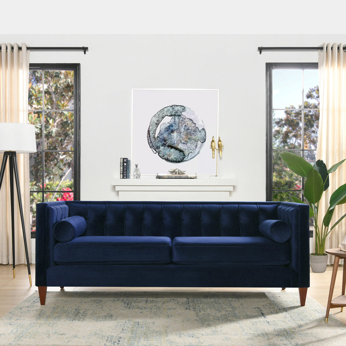 Jack 84" Modern Tuxedo Tufted Sofa, Navy Blue Velvet Navy Blue Foam Velvet 3 Seat