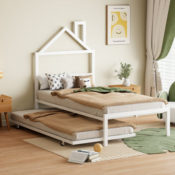 Twin Size Metal Platform Bed With Twin Size Trundle,House Shaped Headboard Design, White Twin White Metal