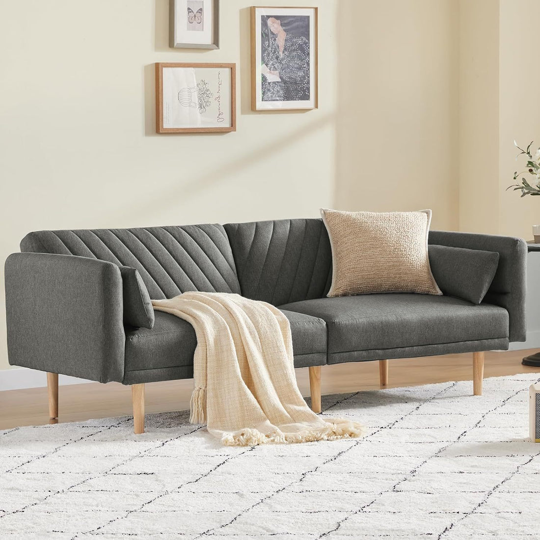 78'' Fabric Futon Sofa Bed, Convertible Sleeper Bed With Adjustable Armrests And Backrest, Loveseat Sleeper Couch Bed With 2 Pillows, Modern Futon Couches For Living Room, Dark Gray Brown Wood Bedroom Heavy Duty Oak 2 Seat Light Gray Velvet Soft Cushion