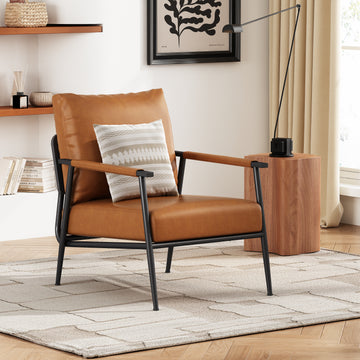 Mid Century Modern Accent Chair With Brown Faux Leather Upholstery, Padded High Backrest, Metal Frame And Wood Armrests, Perfect For Living Room, Bedroom, Or Office Brown Metal,Pu Leather