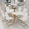 Table And Chair Set.Modern Luxurious Tempered Glass Dining Table Set With Gold Metal Legs And 6 Pu Chairs.White Marble Patterned Sticker Tabletop,White Chairs With Gold Metal Legs. White Gold Seats