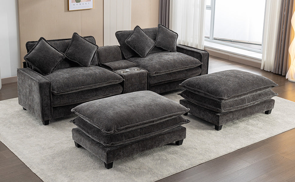 112.6" Sectional Sofa Chenille Upholstered Sofa With Two Removable Ottoman, Two Usb Ports, Two Cup Holders And Large Storage Box For Living Room, Black Black Foam Chenille 2 Seat