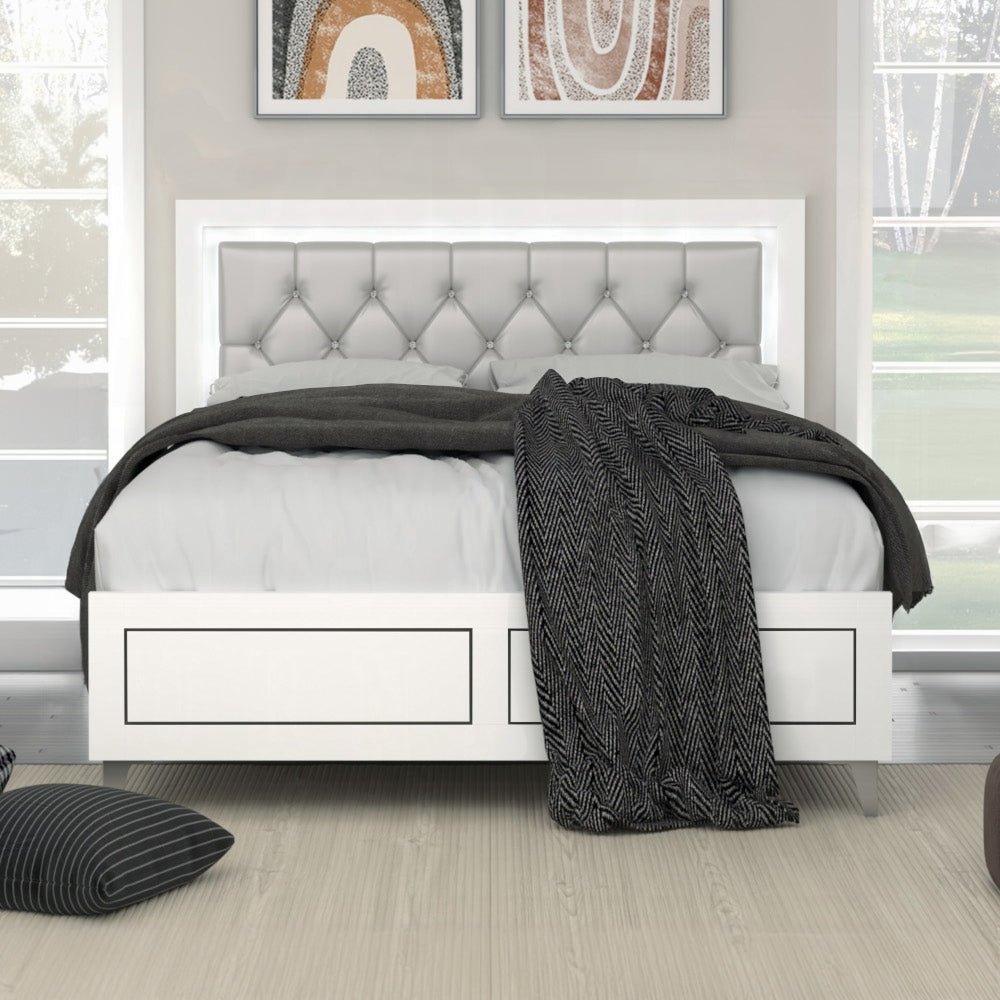 Grey And White Queen Bed With Led Light Padded Headboard Box Spring Not Required Queen Grey White Wood Bedroom Slat Beds Wood Fabric