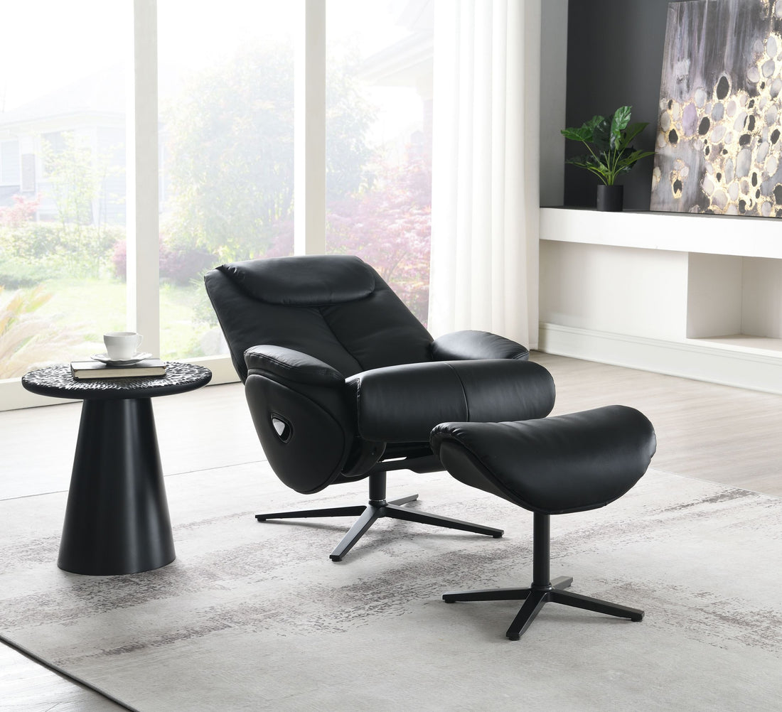 Black Motion Swivel Accent Chair With Ottoman Black Genuine Leather Manual Push Button Metal Primary Living Space Tight Back Modern Push Button Pillow Top Arms Genuine Leather