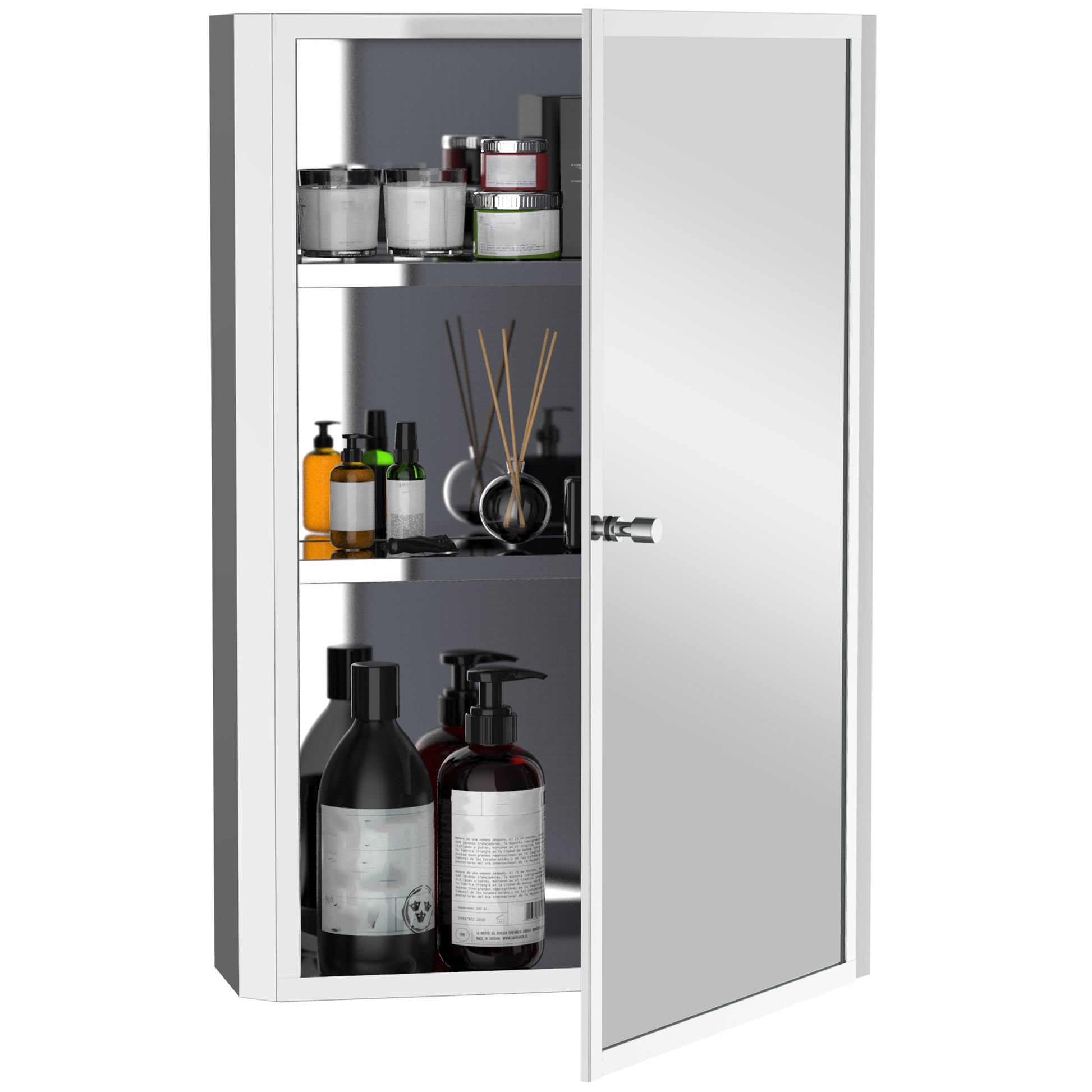 Homcom Bathroom Mirrored Cabinet, Vertical 16" X 24" Stainless Steel Frame Medicine Cabinet, Wall Mounted Storage Organizer With Single Door Silver Stainless Steel