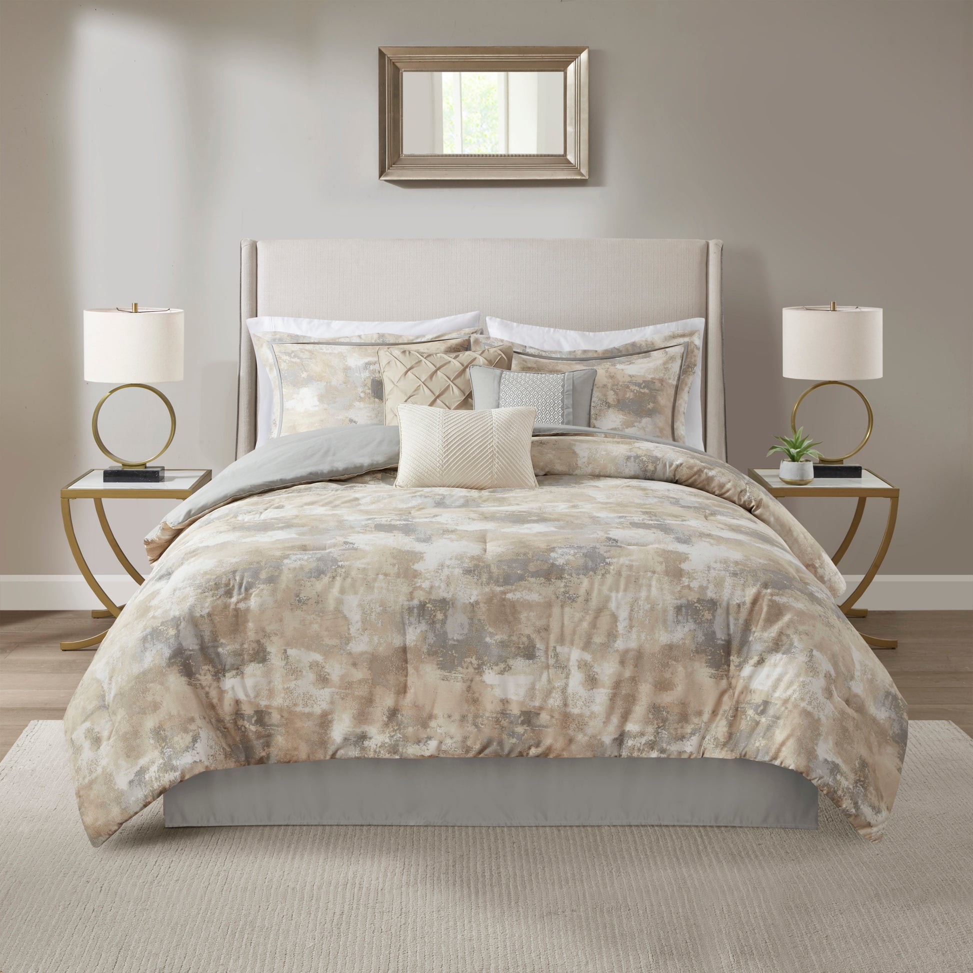 7 Piece Textured Cotton Blend Comforter Set Gray Queen Queen Multicolor Polyester
