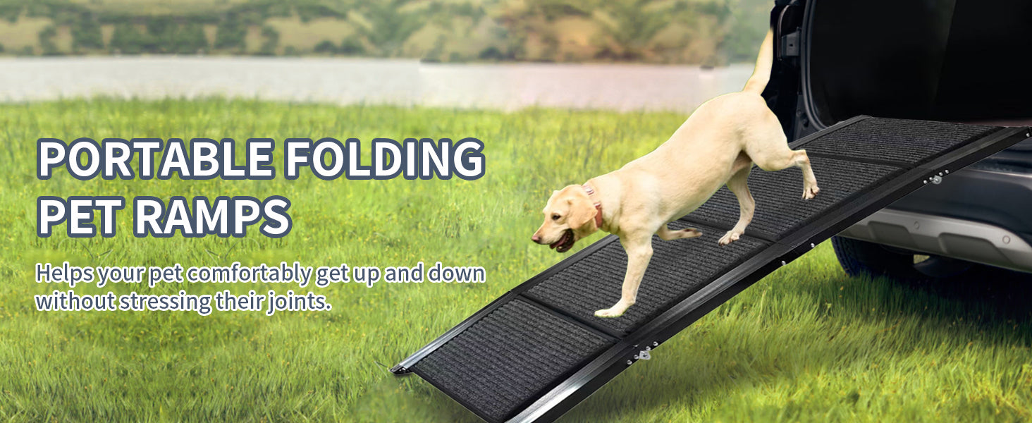 Dog Ramp For Car, 71" Long & 20" Wide Folding Portable Pet Stair Ramp With Non Slip Rug Surface, Extra Wide Dog Steps For Medium & Large Dogs Up To 250Lbs Enter A Car, Suv & Truck Grey Aluminium