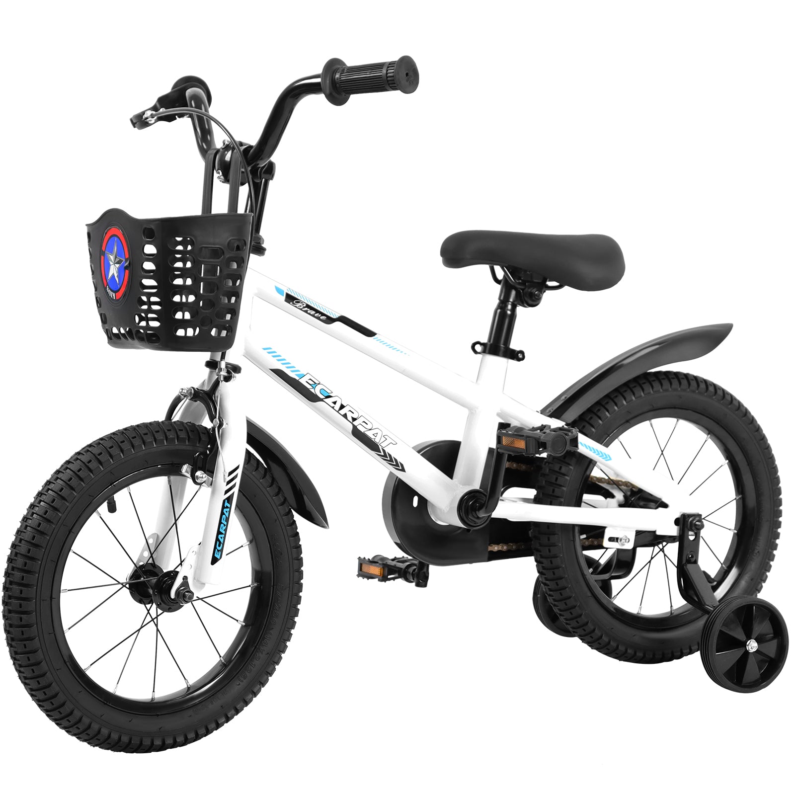 C14111A Kids Bike 14 Inch For Boys & Girls With Training Wheels, Freestyle Kids' Bicycle With Bell,Basket And Fender. White Steel