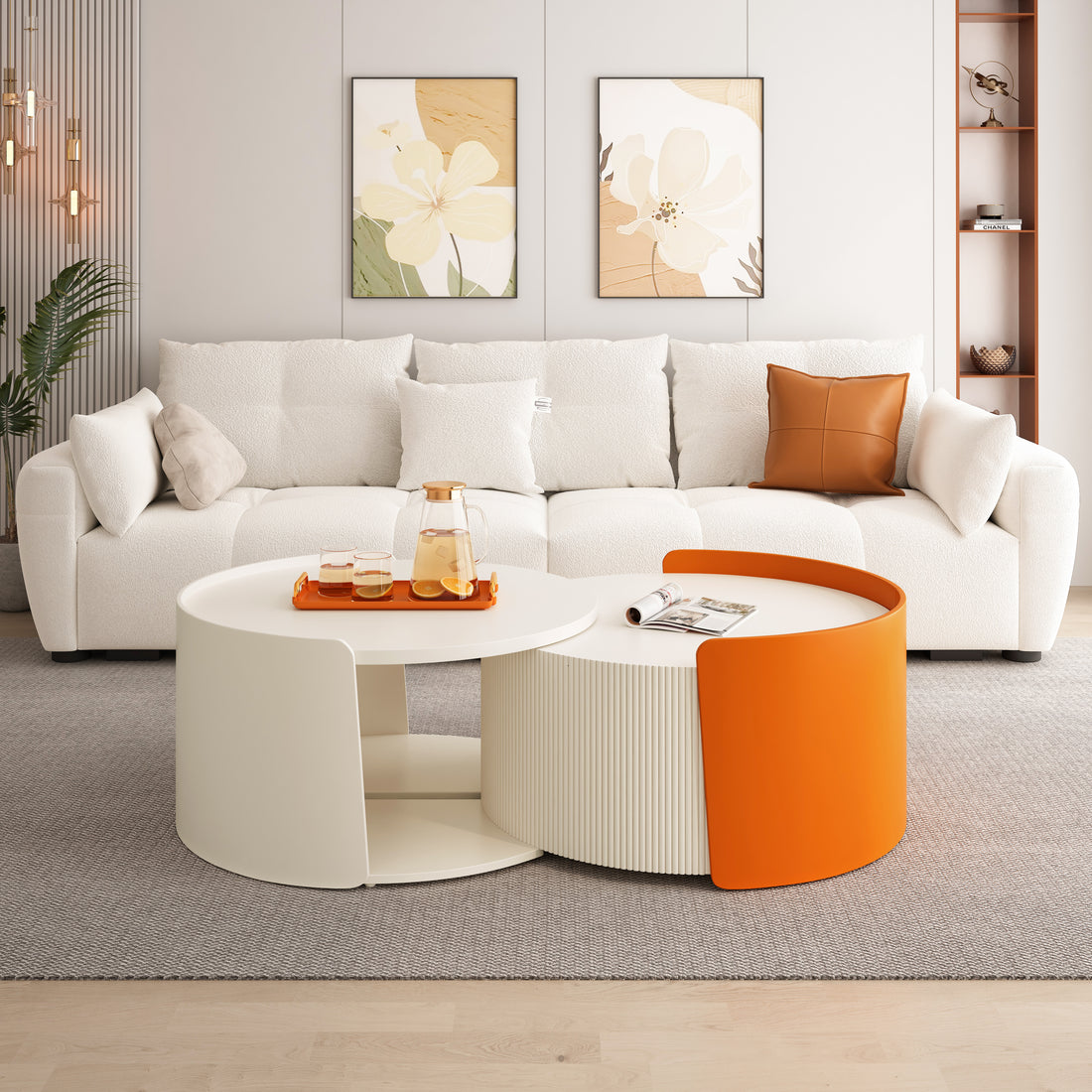 Nesting Coffee Table, Round Nesting Tables And End Tables For Small Space, Modern Side Tables With Extendable Sliding Tabletop For Living Room, Office,White, No Need Assembly Antique White Mdf