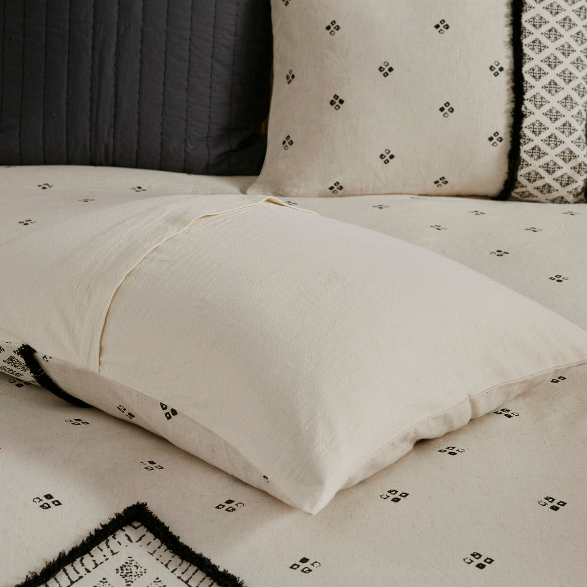 3 Piece Cotton And Flax Linen Blend Comforter Set Natural King Cal King King White Black Cotton