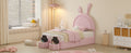 Twin Size Upholstered Rabbit Shape Bed With 2 Storage Stools, Velvet Platform Bed With Cartoon Ears Shaped Headboard, Pink Twin Pink Wood