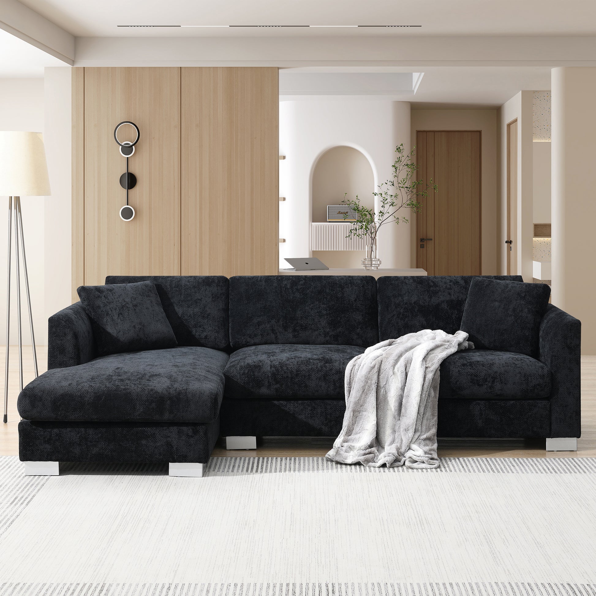 96*56" Modern Cloud Sectional Sofa,L Shaped Luxury Couch Set With 2 Free Pillows,4 Seat Chenille Indoor Furniture With Oversized Chaise For Living Room,Apartment,Office,3 Colors Black Chenille 4