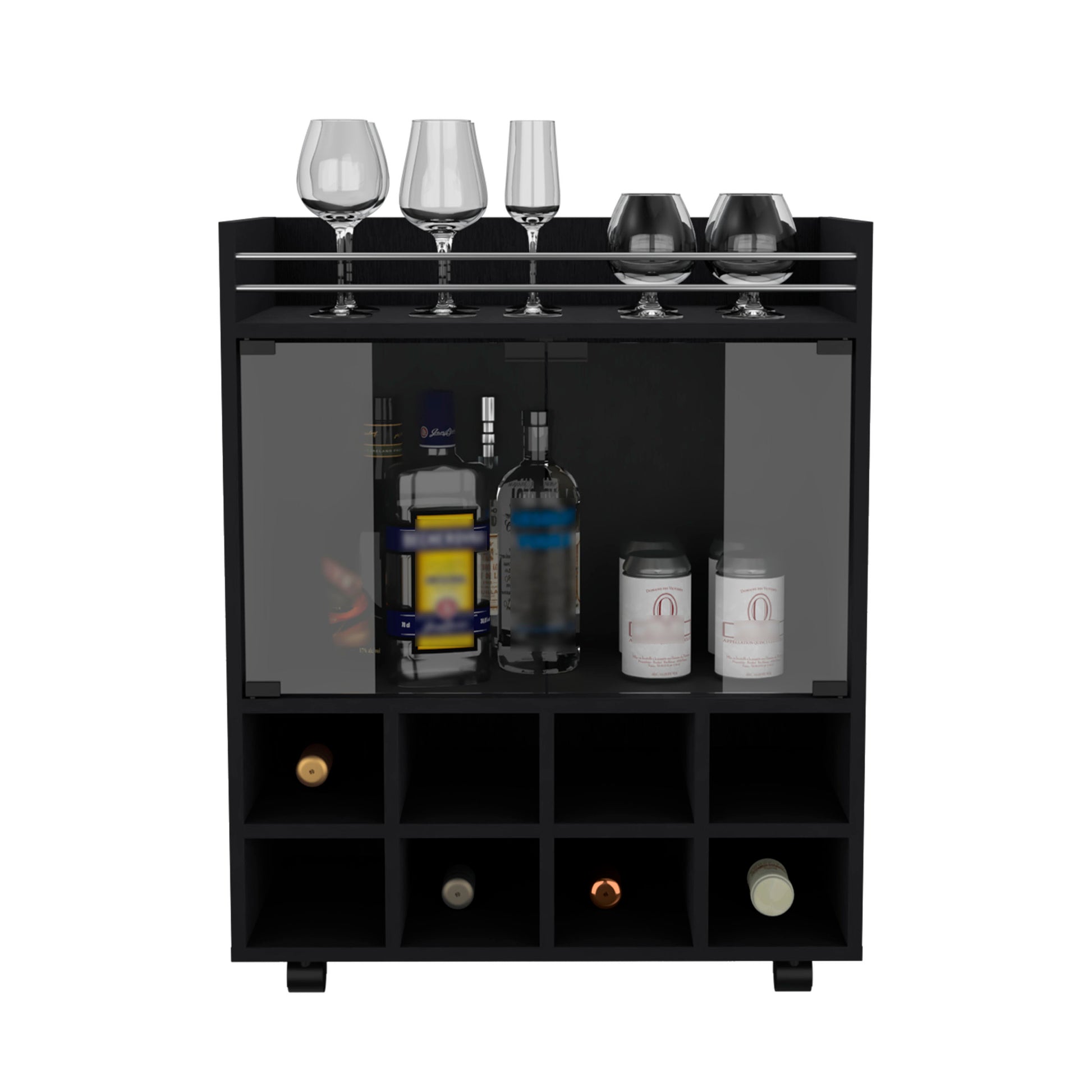 32" H Black Bar Coffee Cart, Kitchen Or Living Room Cabinet Storage With 4 Wheels, With 8 Bottle Racks, A Central Shelf Covered By 1 Galss Door, Ideal For Storing Glasses And Snacks Black Particle Board Particle Board