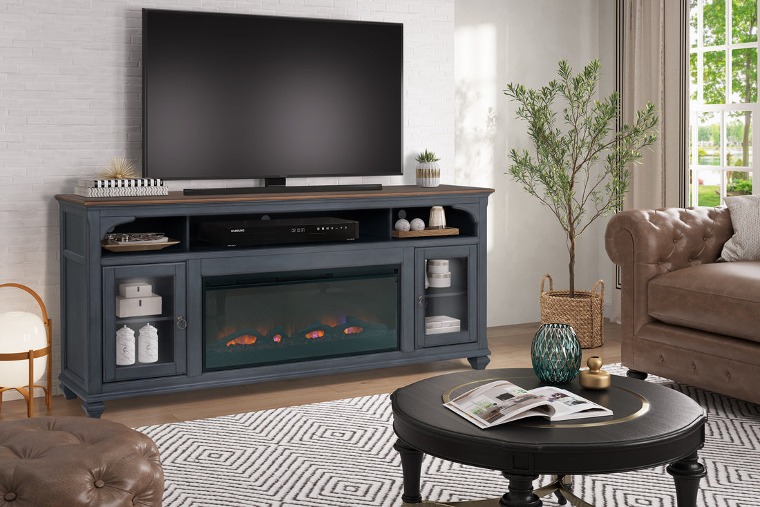 Americana 86 In Fireplace Tv Stand For Tvs Up To 95 Inches, Corduroy Blue Finish Blue 90 Inches Or Larger Rubberwood Rubber Wood