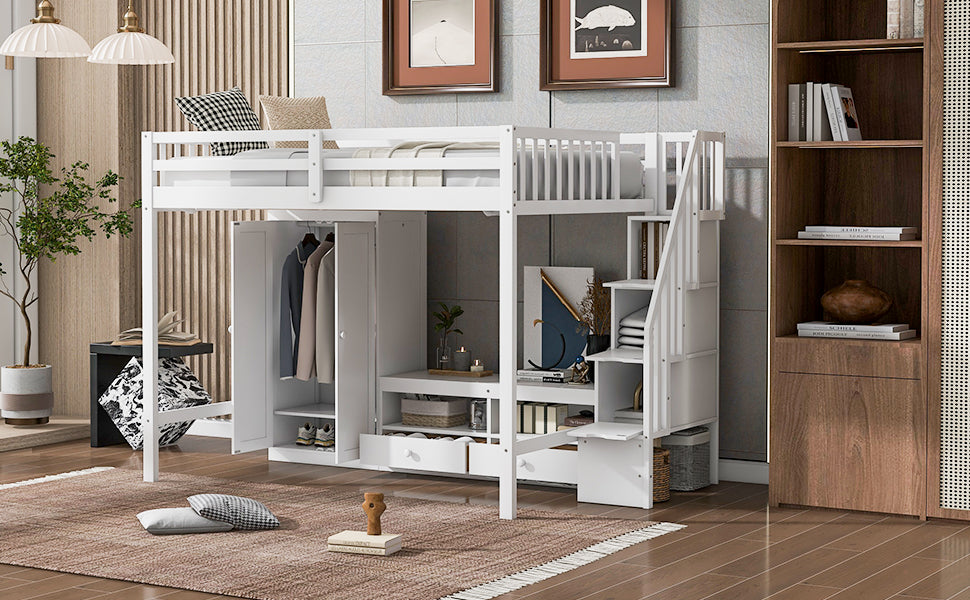 Full Size Loft Bed Frame With Wardrobe,Low Storage Table And Storage Staircase,White Gray White Solid Wood Mdf