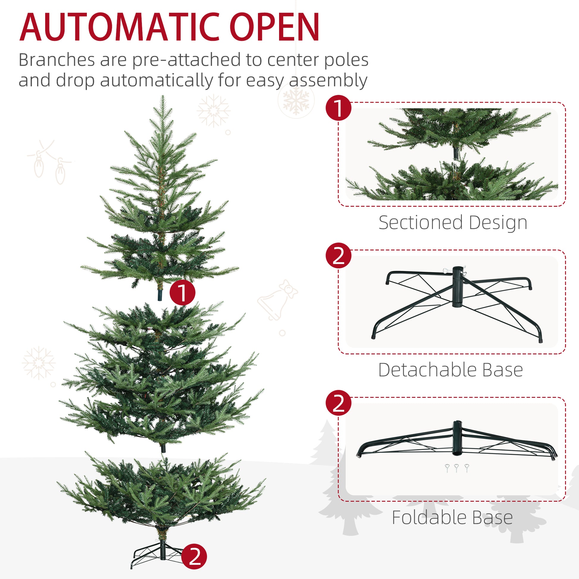 Homcom 7.5 Foot Artificial Christmas Tree, Pine Hinged Xmas Tree With 1218 Realistic Branches, Steel Base, Auto Open, Green Green Plastic