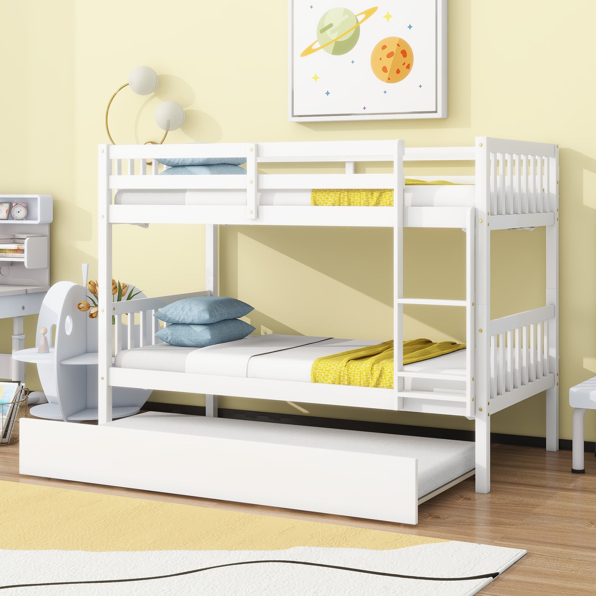 Twin Over Twin Rubber Wood Bunk Bed With Trundle, Convertible Into 2 Twin Size Beds, Twin Size Bunk Bed With Ladder And Safety Guardrails, White Twin White Rubber Wood