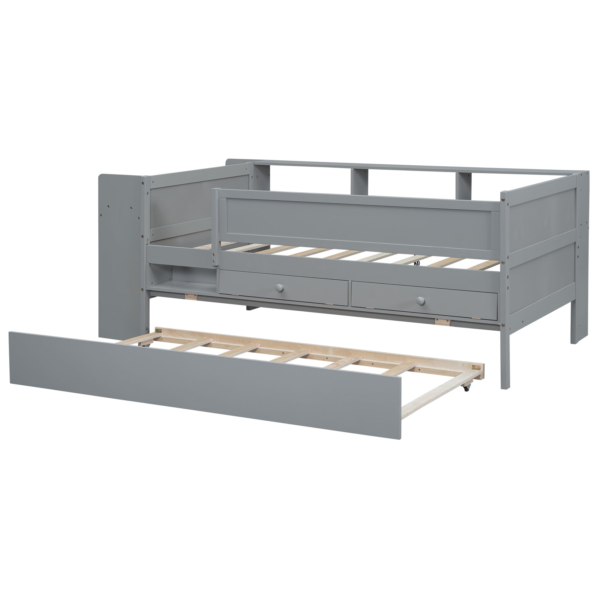 Multi Functional Twin Daybed With Drawers And Trundle, Headboard Storage And Tables, Usb Charging Station, Gray Box Spring Not Required Twin Gray Wood Daybeds Pine