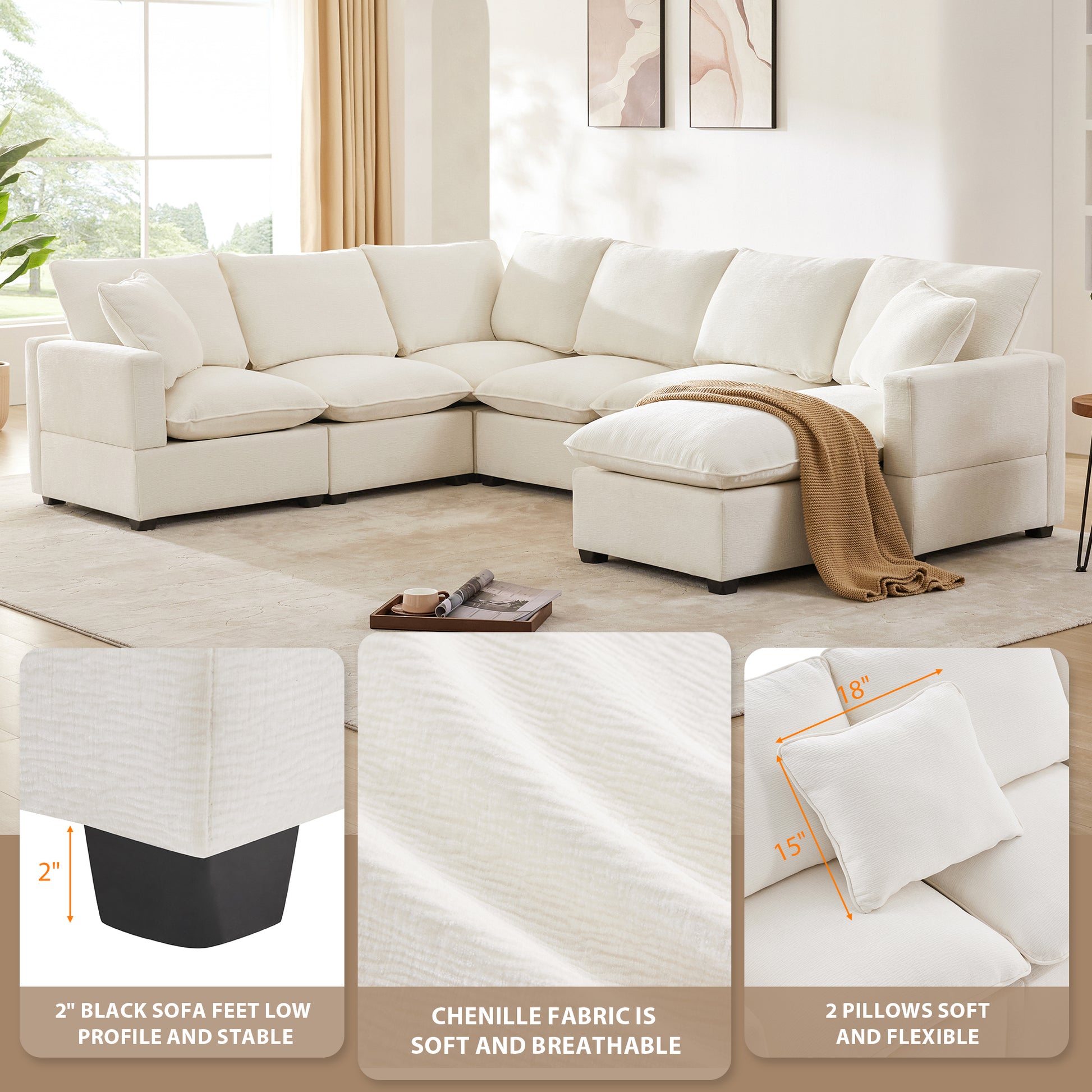 110*84" Modern U Shape Modular Sofa, 7 Seat Chenille Sectional Couch Set With 2 Pillows Included, Freely Combinable Indoor Funiture For Living Room, Apartment, Office, 2 Colors White Chenille 7 Seat