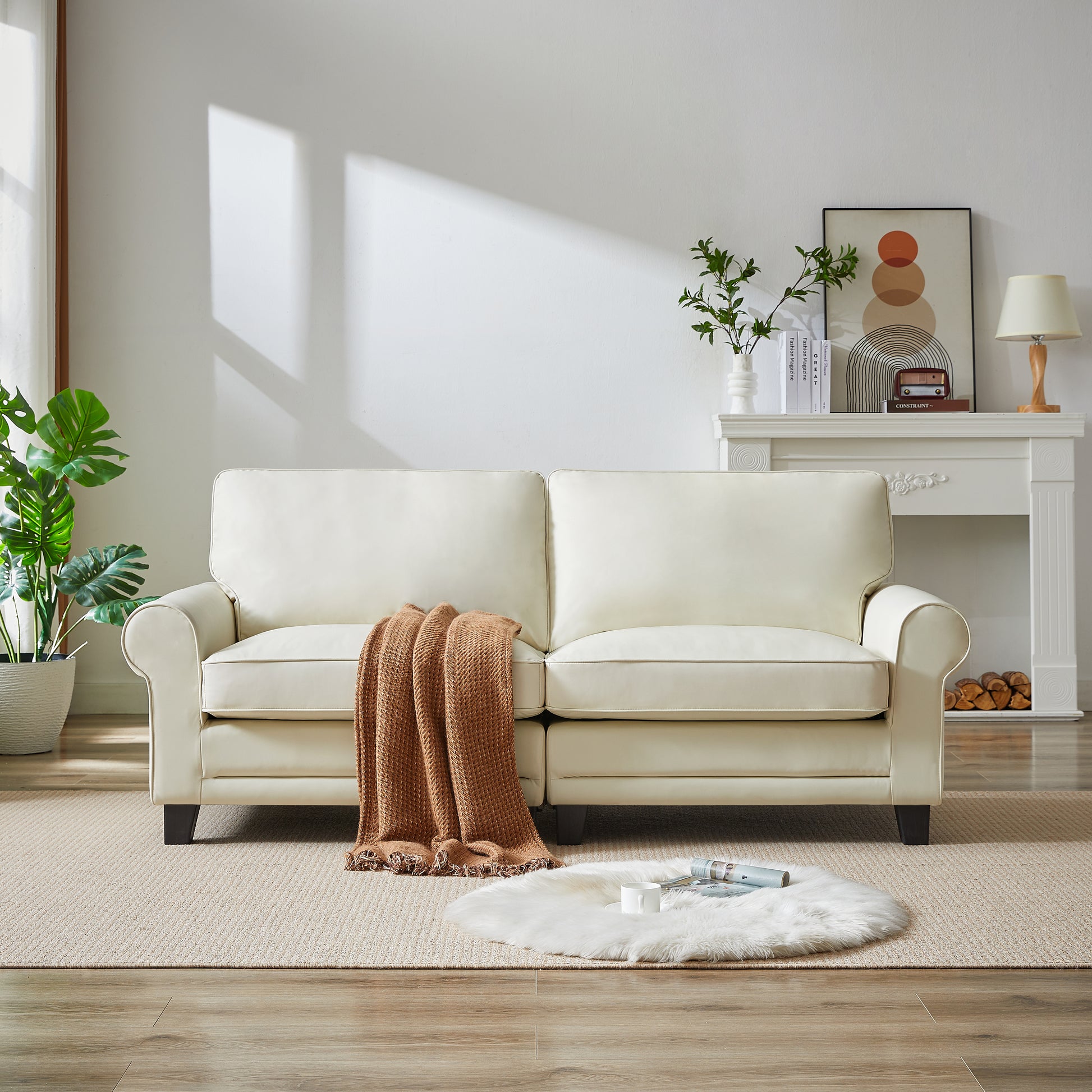 75.6" Pets Friendly Fabric Rolled Arm Upholstered Loveseat 2 Seater Couch With Removable Back Cushionmodern Couches For Small Spaces Living Room, Bedroom, Apartment, Beige White Beige Fabric