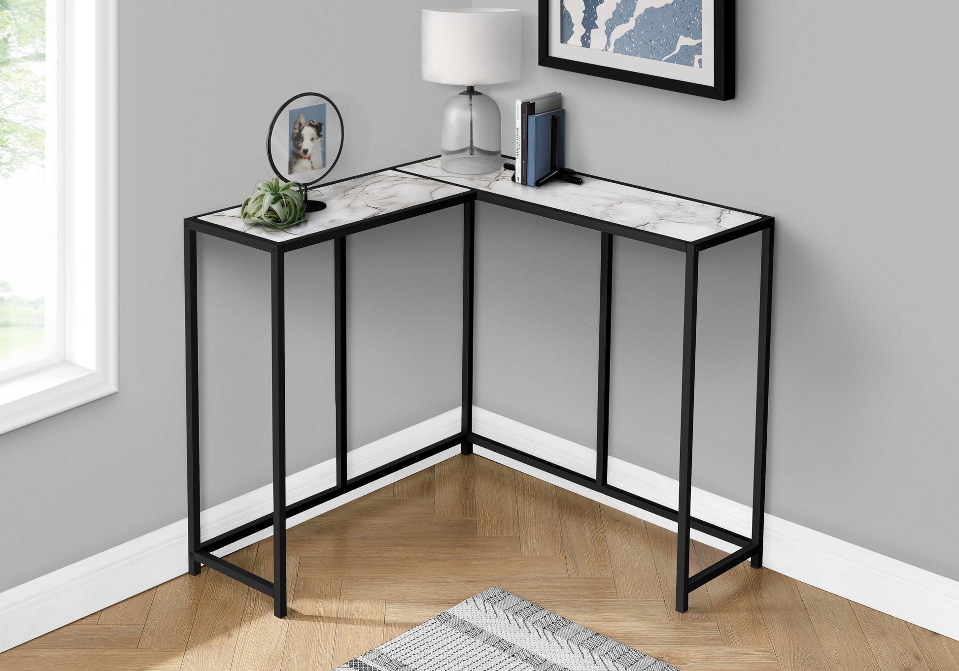 Accent Table, Console, Entryway, Narrow, Corner, Living Room, Bedroom, White Marble Look Laminate, Black Metal, Contemporary, Modern White Particle Board