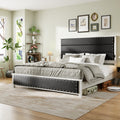 King Size Bed Frame With Upholstered Headboard, King Bed Frame With Charging Station And Led Lights, Wood Slats, Dark Gray Faux Leather & Rivets, No Box Spring Needed, Easy Assembly Box Spring Not