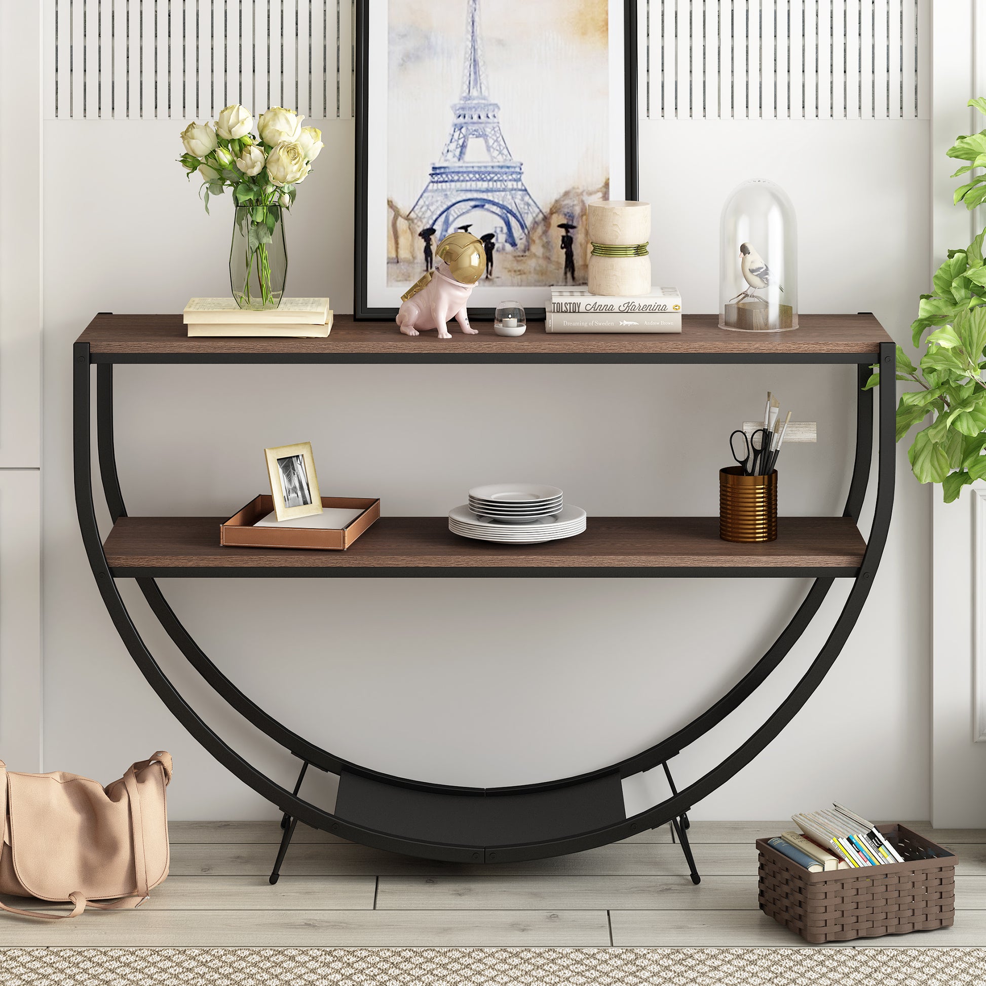 Rustic Industrial Design Demilune Shape Textured Metal Distressed Wood Console Table Dark Brown Dark Brown Mdf