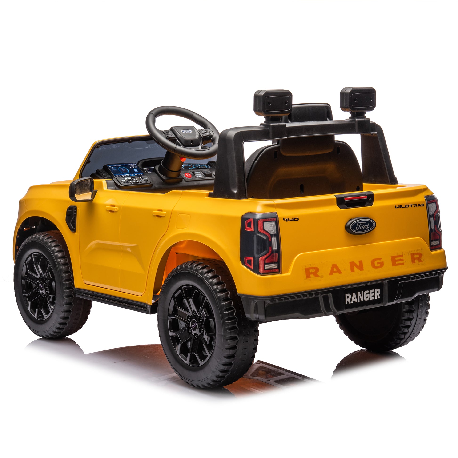 12V Kids Ride On Car W Parents Remote Control,Licensed Ford Ranger,2Wd,Rear Wheel Suspension,Low Start,Headlight,Horn,Mp3,Bluetooth,Adjustable Speed,Speed 1.86 4.97 Mph For Kids Aged 3 6. Yellow 50 99 Lbs Polypropylene