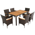 7 Piece Outdoor Patio Dining Set, Garden Pe Rattan Wicker Dining Table And Chairs Set, Acacia Wood Tabletop, Stackable Armrest Chairs With Cushions, Brown Yes Dining Set Brown Garden & Outdoor Multiple Chairs Seating Group Wicker Wicker