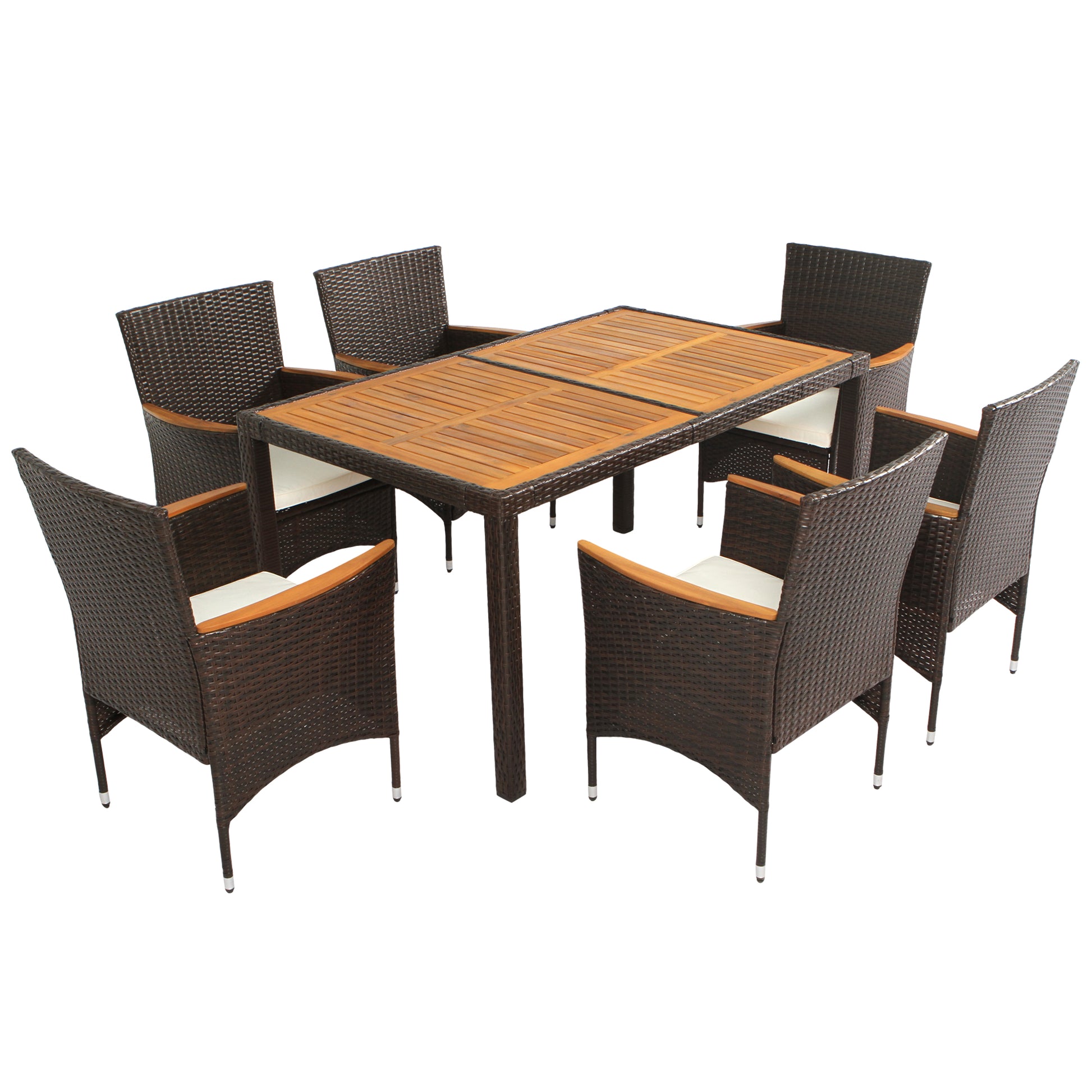 7 Piece Outdoor Patio Dining Set, Garden Pe Rattan Wicker Dining Table And Chairs Set, Acacia Wood Tabletop, Stackable Armrest Chairs With Cushions, Brown Yes Dining Set Brown Garden & Outdoor Multiple Chairs Seating Group Wicker Wicker