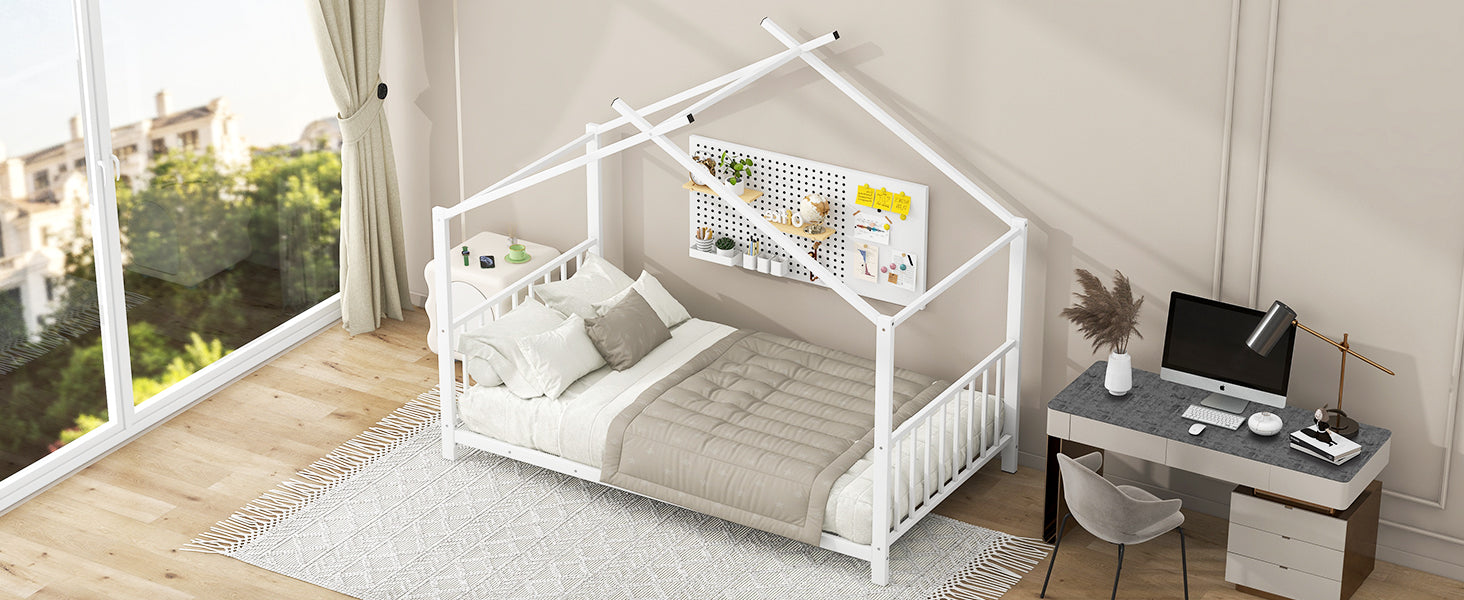 Twin Size Metal House Platform Bed, White Box Spring Not Required Twin White Metal Bedroom Bed Frame Metal