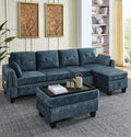 Sectional 3 Seaters Sofa ,Double Sided Multi Functional Footstool, Storage Matnon Slip Leg, Two Pillows, Velvet,Navy Blue Navy Blue Velvet 3 Seat