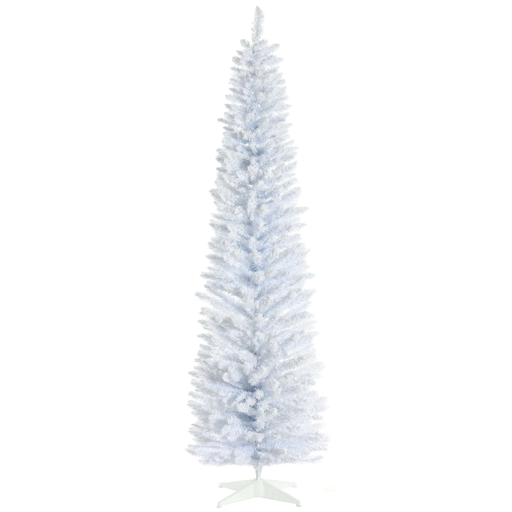 Homcom 7' Snow Flocked Artificial Pencil Christmas Tree, Slim Xmas Tree With Realistic Branches And Plastic Base Stand For Indoor Decoration, White White Plastic