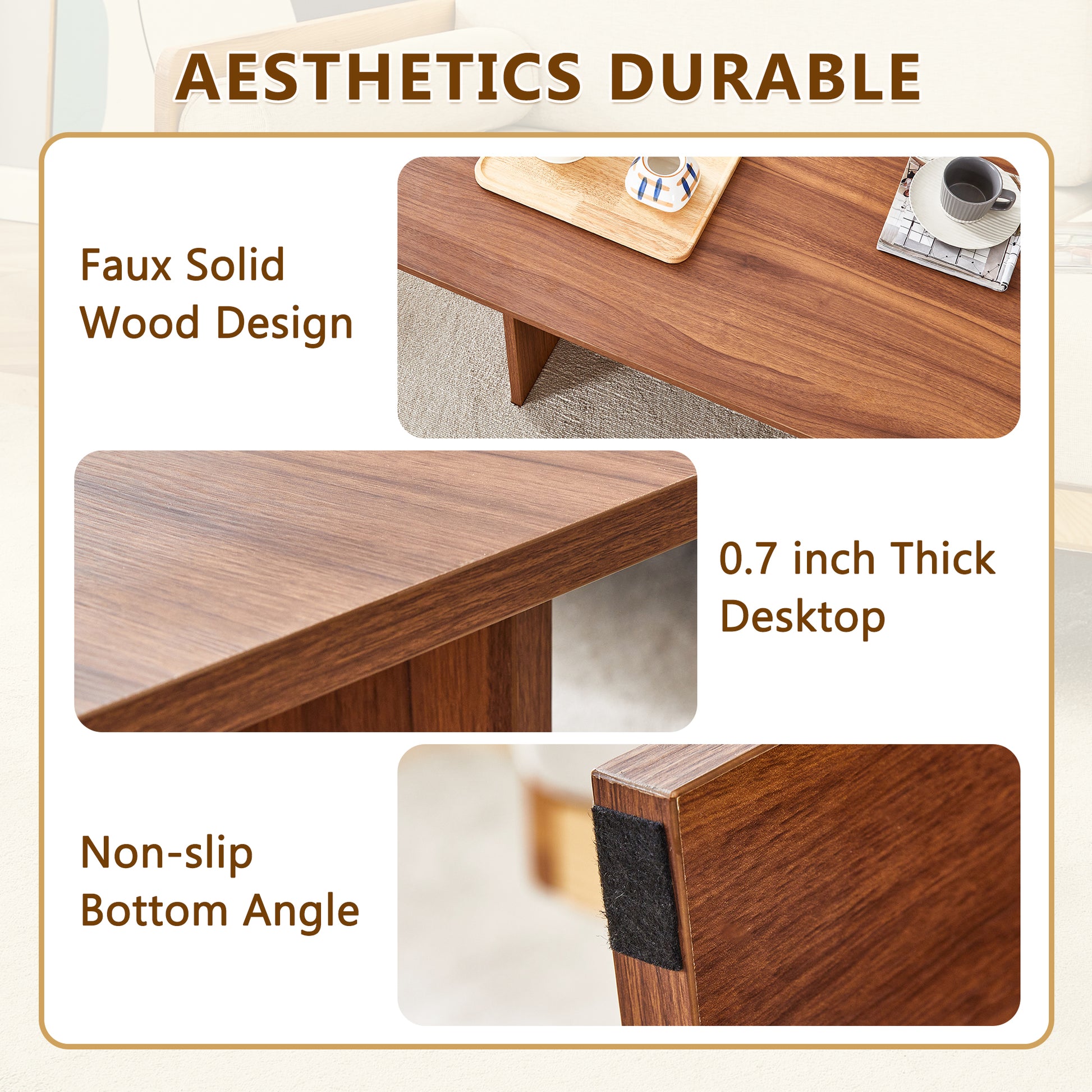 44.8 Inch Walnut Wood Grain Mdf Coffee Table Modern Luxury, Stable Triangular Support.The Coffee Table Is Made Of Medium Density Fiberboard Material And Is Suitable For Living Rooms, Bedrooms,Etc.