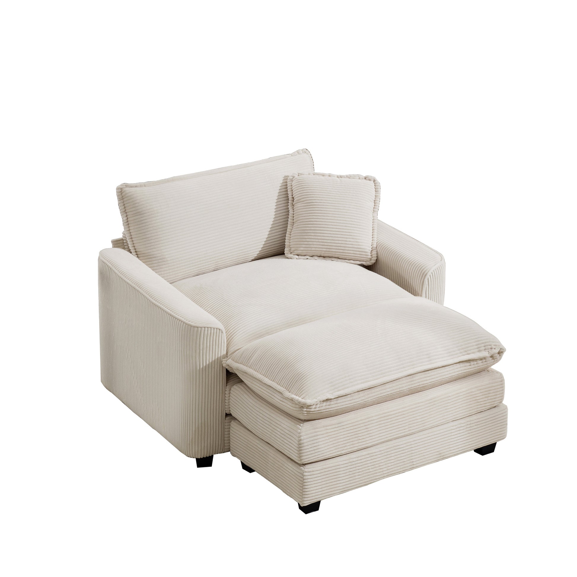 Comfortable Single Chair Deep Seat Sofa With Footstool With One Pillow, Accent Chair With Ottoman Suitable For Living Room And Bedroom And Reading Room, Light Beige Corduroy Fabric Beige Corduroy 1 Seat