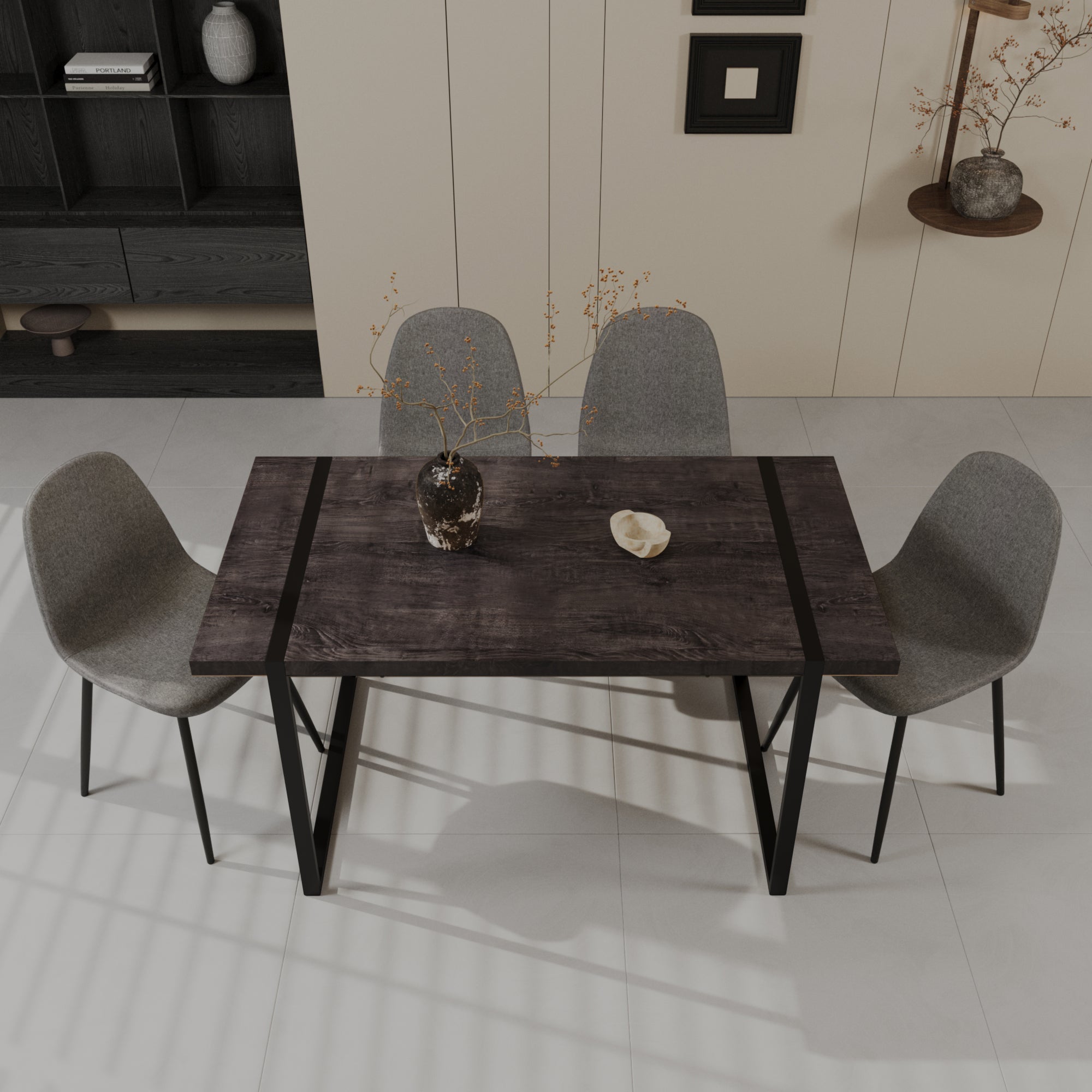 59" Mdf Black Wooden Dining Table And Modern Dining Chair Set Of 4 Pieces, Medieval Wooden Kitchen Dining Table Set, Black Rectangular Metal Base, Dining Table And Suede Chair Set Black Grey Mdf