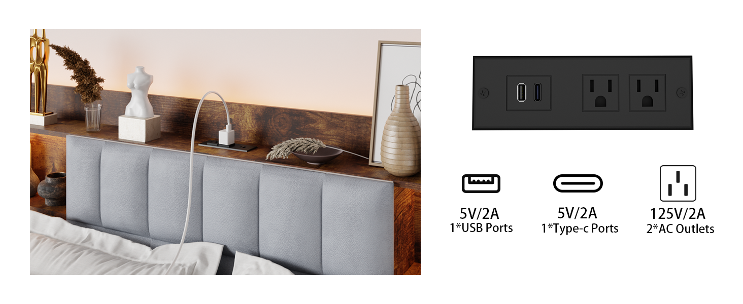 Queen Size Bed Frame With 2 Storage Drawers And Led Lights Headboard, Upholstered King Bed Frame With Charging Station, No Box Spring Needed, Easy Assembly Box Spring Not Required Queen Dark Brown Metal Bedroom Modern Bed Frame Velvet Mdf Metal