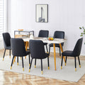 Table And Chair Set.Modern Minimalist Dining Table. White Imitation Marble Pattern Sintered Stone Desktop With Golden Metal Legs.Paried With 6 Comfortable Chairs With Pu Seats And Black Metal Legs.