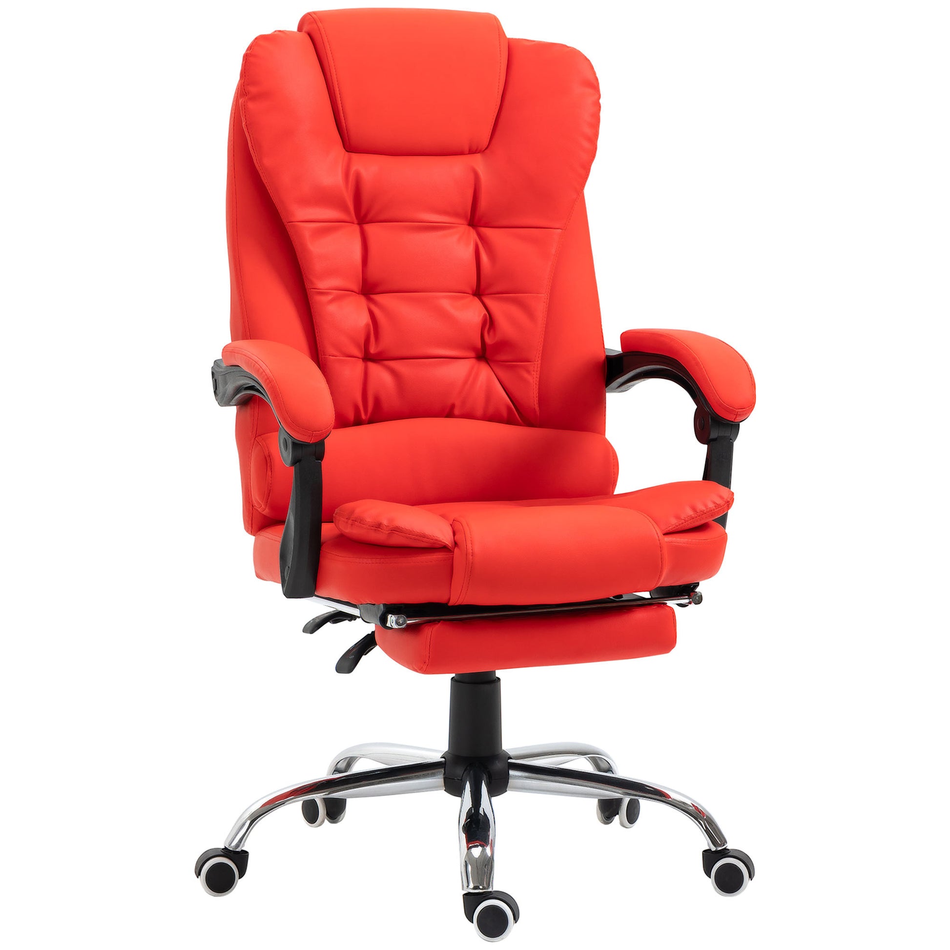 Homcom High Back Ergonomic Executive Office Chair, Pu Leather Computer Chair With Retractable Footrest, Lumbar Support, Padded Headrest And Armrest, Red Red Pu Leather