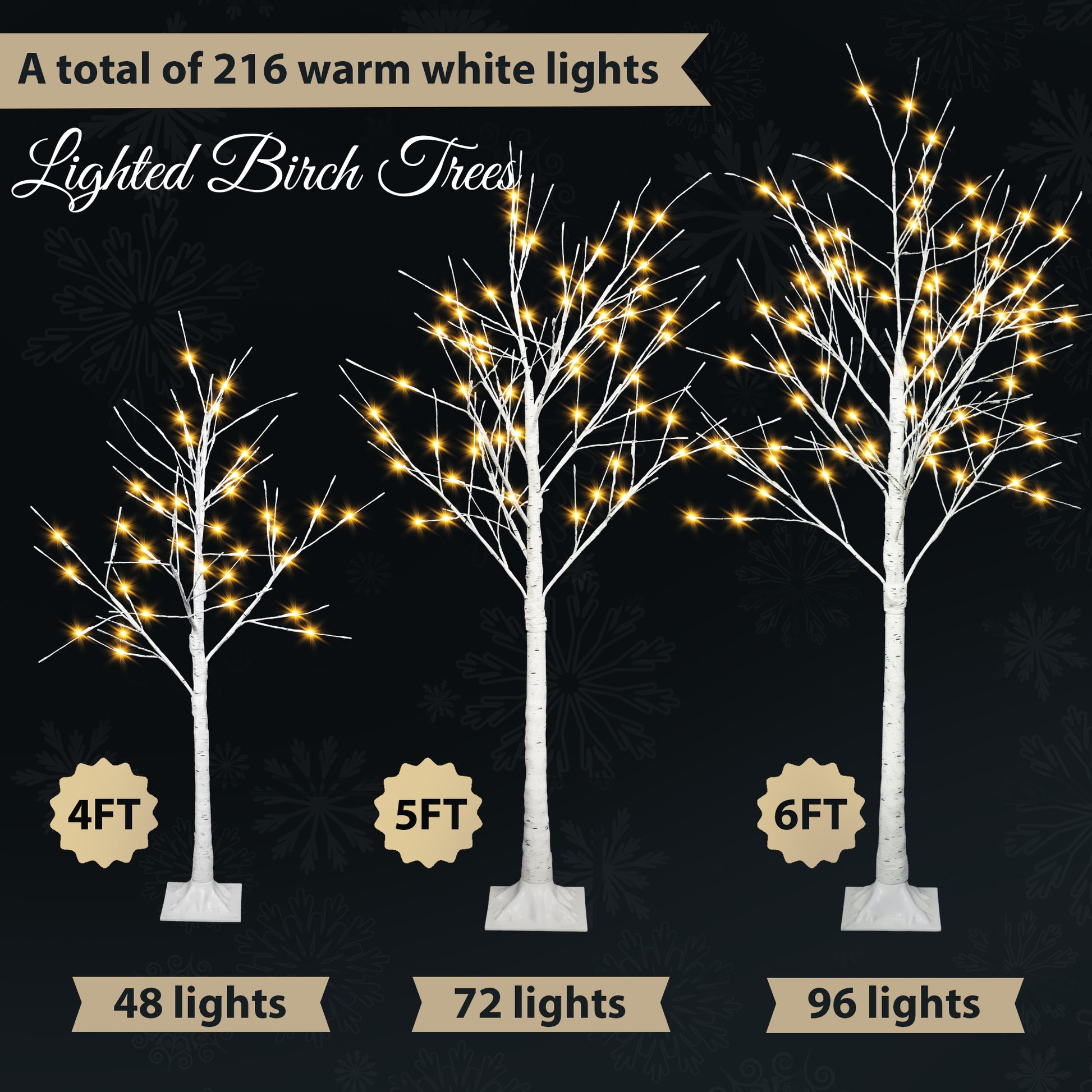 Set Of Lighted Birch Tree, 4Ft 48 Led 5Ft 72 Led 6Ft 96 Led Artificial Tree With Warm White Lights, Christmas Tree For Decoration Inside And Outside White Pvc