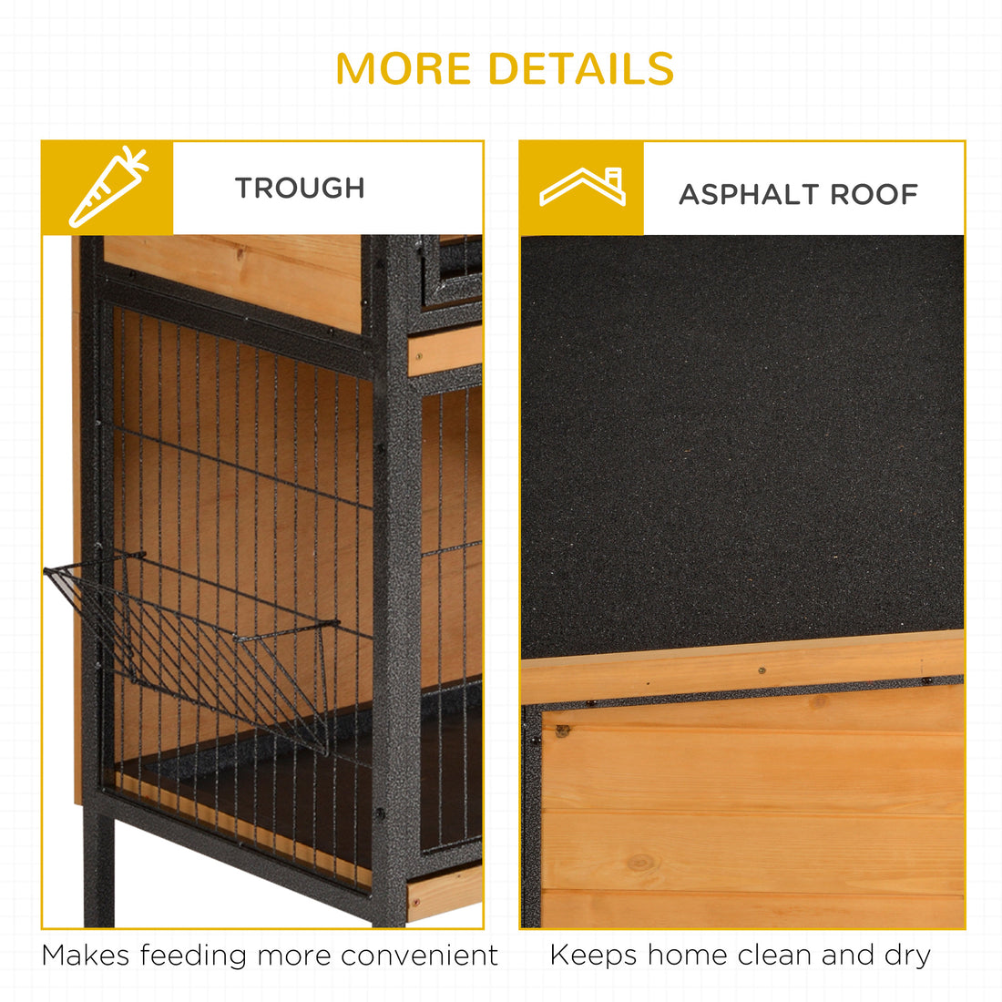 Pawhut 48" 2 Story Large Rabbit Hutch Bunny Cage Wooden Pet House Metal Frame With Individual Room, Ramp, No Leak Tray, Feeding Trough, Waterproof Asphalt Roof For Outdoor Indoor Light Yellow Wood