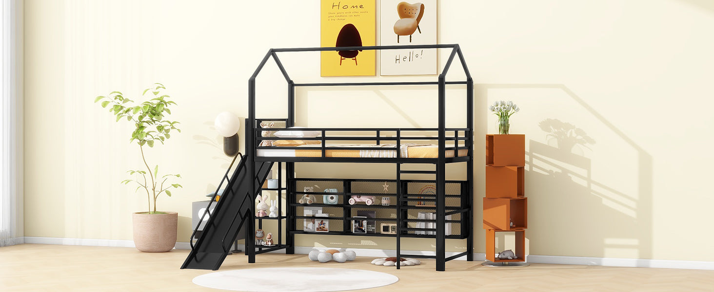 Twin Size House Metal Loft Bed With Iron Mesh Shelves And Slide,Black Black Metal