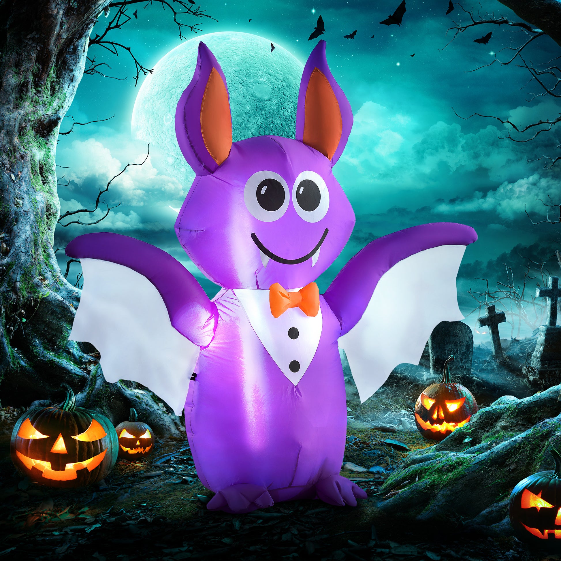 Outsunny 6Ft Inflatable Halloween Decoration Bat, Blow Up Outdoor Led Yard Display, Waterproof Purple Polyester