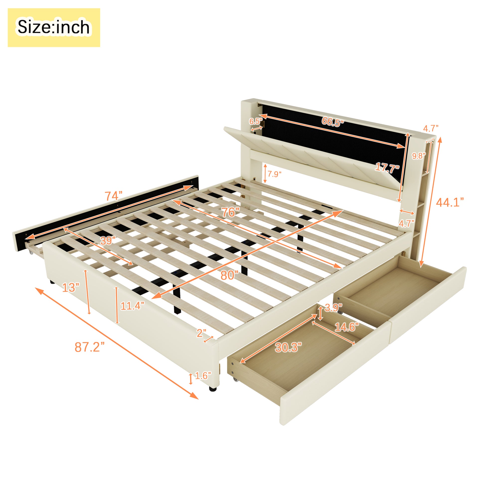 King Size Upholstery Platform Bed With Storage Headboard, 2 Drawers And Trundle,Beige King Beige Upholstered